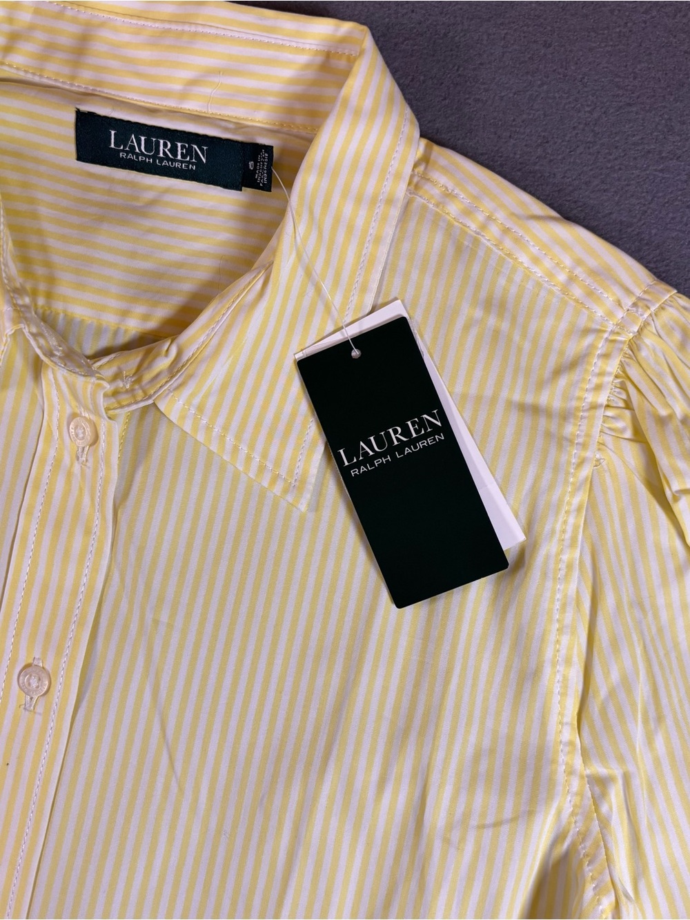 Ralph Lauren yellow with thin white vertical stripes button-up blouse size 10